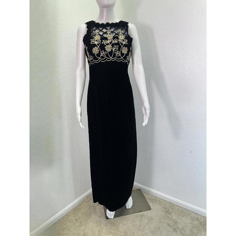 Y2K Vtg Sz 6 Scott McClintock Black Velvet Gown Dress Gold Brocade Evening Maxi